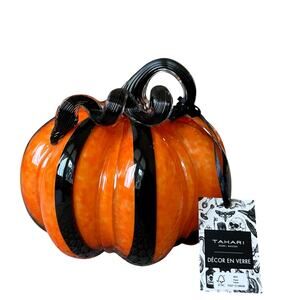 TAHARI Hand Blown Art Glass Pumpkin Orange & Black Striped Designer Decor New
